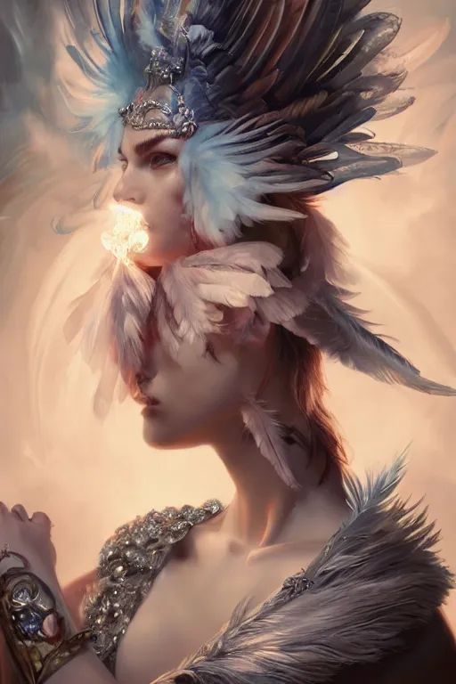 Prompt: beautiful model wearing icel white feathers, diamonds, jewelry, angel, fantasy, dramatic lighting, highly detailed, digital painting, holding electricity, magic the gathering, hyper detailed, 3 d render, hyper realistic detailed portrait, peter mohrbacher, wlop, ruan jia