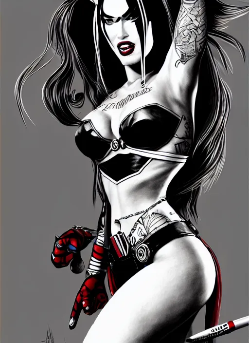 Prompt: concpet art, full shot, traditional ink, sketch, of megan fox as harley quinn, line sketch, intricate, elegant, highly detailed, monochrome, digital painting, artstation, concept art, blue, black, red ink sharp focus, illustration, art by borderlands 3 and peter polach