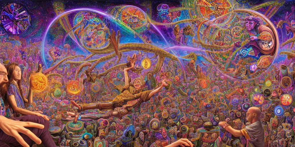 Image similar to hyper detailed portrait of a dmt time elf interacting with a psychedelic traveler, dmt portrait of benevolent time elves sharing their soul frequency, cathedral background, masterpiece composition, 8 k resolution, ultra fine illustration, alex grey, todd schorr, casey weldon, tokio aoyama, highly detailed,