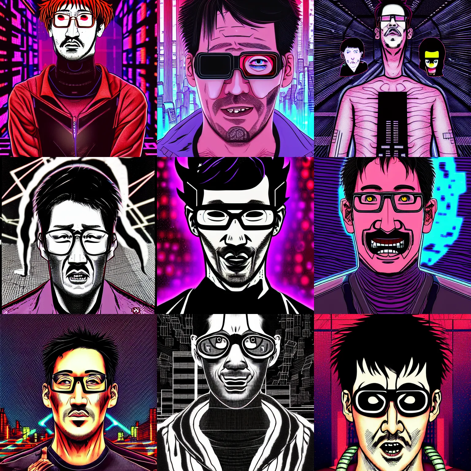 Prompt: a detailed digital art of markiplier poorly disguised as a cyberpunk in the style of junji ito and william blake, kubrick, raphael, surrealism, dark fantasy, 8 k, beautiful, artstationhq, award - winning art,