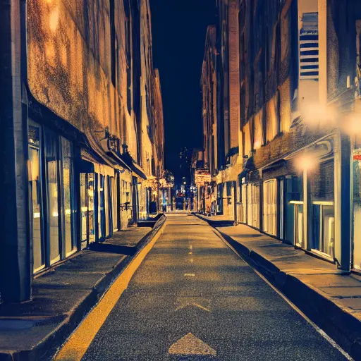 Prompt: Close-up photograph of the city street, night time, depth of field