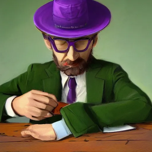 Prompt: man in green suit, with green hat, drinking tea, purple undershirt, Wearing Shades, highly detailed, fantasy, D&D, by Viktor Antonov