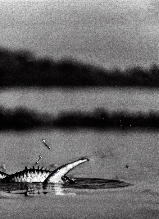 Image similar to a real life gyarados swimming in a lake, proof photograph, black and white, blurry, old camera, grainy, in motion