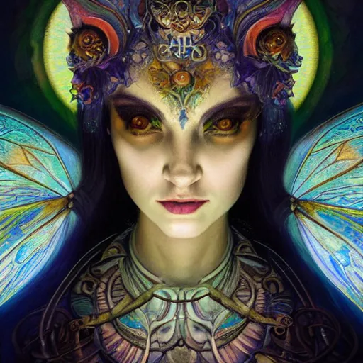 Prompt: beautiful closeup portrait of an art moderne fairy queen, glowing eyes. reflective detailed textures, moth wings, highly detailed dark fantasy science fiction painting by donato giancola and peter mohrbacher and nicholas roerich and diego rivera, elaborate geometric ornament, ancient runes, silver and cool colors. artstation