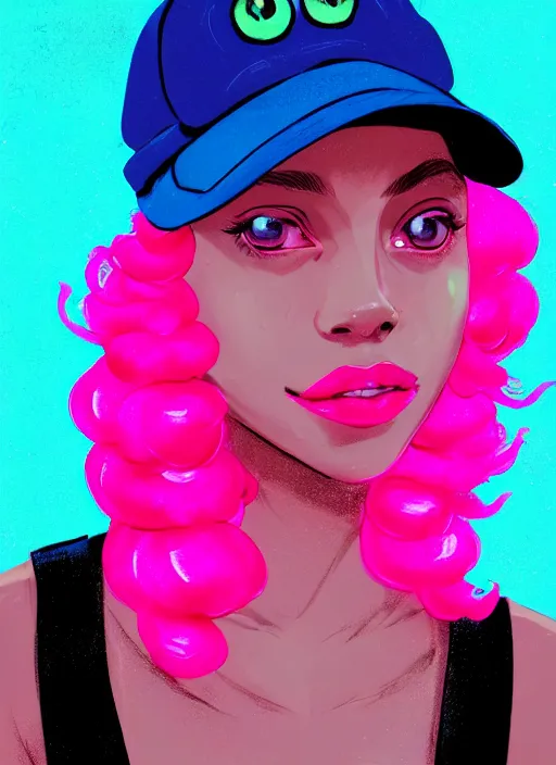 Image similar to portrait of teenage vanessa morgan with bright pink hair, black girl, curly pixie cut hair, wearing newsboy cap, pink short haircut, newsboy cap, hoop earrings, blue eyes, intricate, elegant, glowing lights, highly detailed, digital painting, artstation, concept art, smooth, sharp focus, illustration, art by wlop, mars ravelo and greg rutkowski