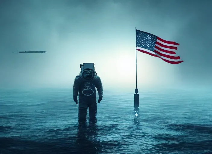 Image similar to astronaut holding a flag in an underwater desert. a submarine is visible in the distance. dark, concept art, cinematic, dramatic, atmospheric, 8 k, trending on artstation, blue, fish, low visibility, fog, ocean floor, christopher nolan, interstellar