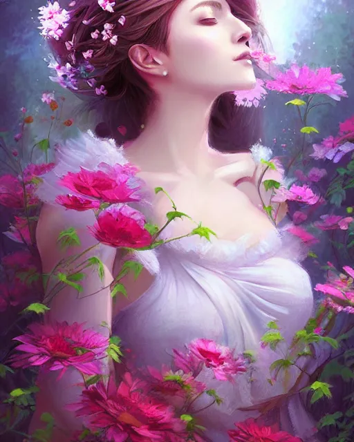 Image similar to a painting of a beautiful woman surrounded by flowers, an ultrafine detailed painting by ross tran, full body, featured on deviantart, fantasy art, detailed painting, deviantart, anime