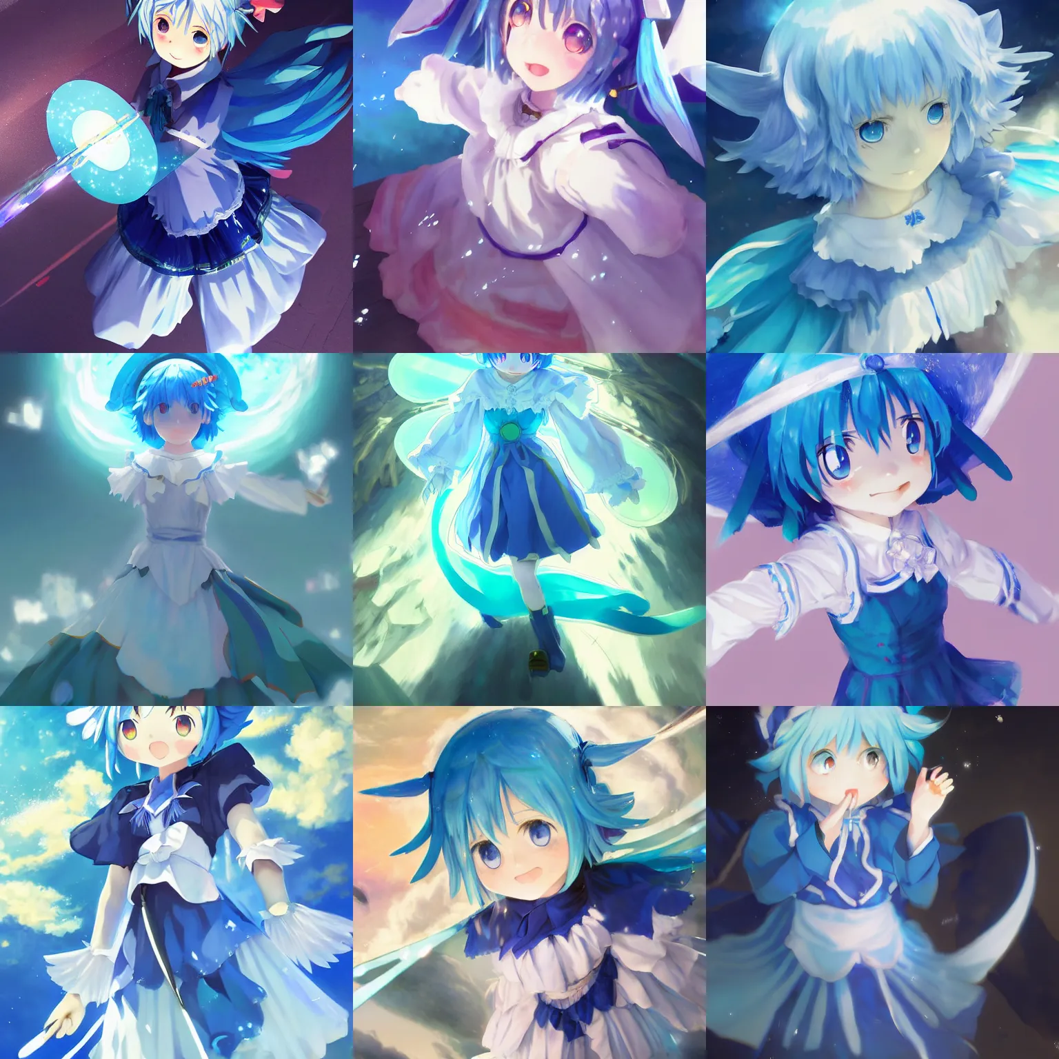 Image similar to pixiv artwork of cirno from touhou project, cirno touhou artwork by greg rutkowski makoto shinkai key art kyoto animation 4 k 8 k ultrahd trending finely detailed sparkling eyes