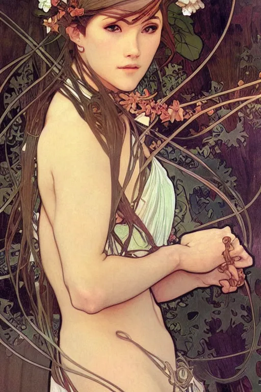 Image similar to realistic detailed portrait of a very beautiful ninja girl by alphonse mucha, charlie bowater, flowing wires with leaves, artgerm