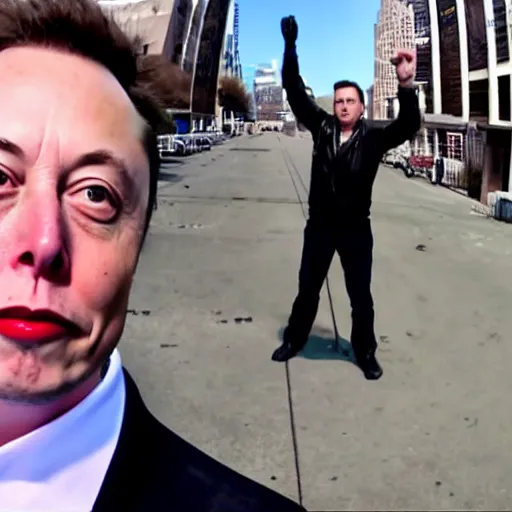 Image similar to bodycam footage of elon musk going crazy pointing a weapon at the sky, new york streets, wide angle, fisheye, uhd, 4 8 0 p, bodycam, paparazzi, bad quality