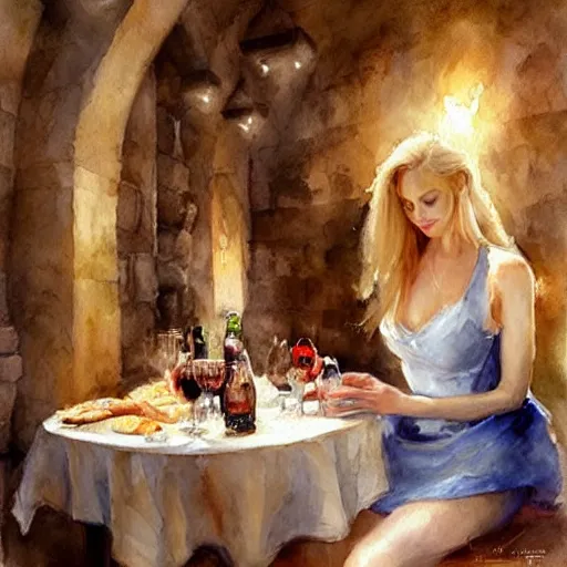 Image similar to hot blonde in a wine cellar, food, pork, beer, schnapps, rustic, traditional, torches on the wall, watercolor by vladimir volegov, highly detailed, masterpiece