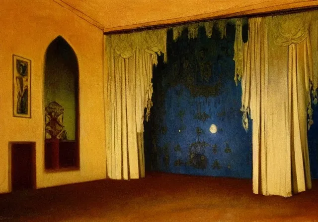 Image similar to a detailed oil painting of a arabian french large ball room, pillar, ominous,, curtains, by nicholas roerich, by gustave moreau, by frank frazetta, by hans emmenegger, by bruce pennington, by eyvind earle, moisture, grainy, highly detailed, realistic, outline, line,