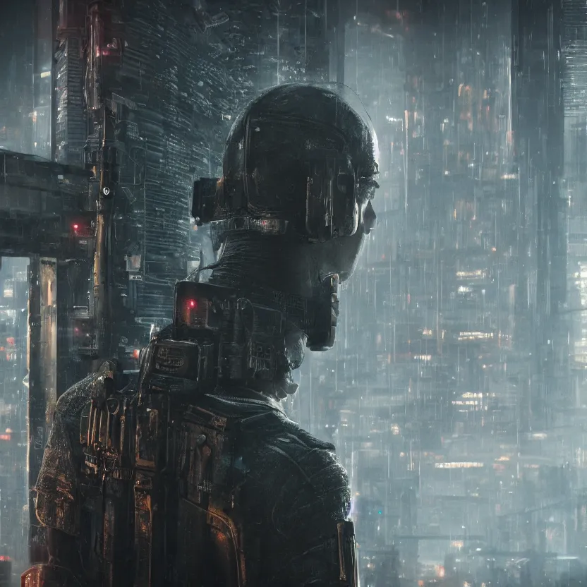 Prompt: closeup portrait of a beautiful guard dystopian cyberpunk seen from the back ultra realistic 4K
