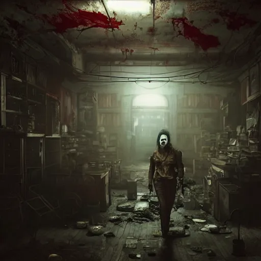 Image similar to fallout 5, shopkeeper angry bloody horror zombie, portrait, indoors dilapidated store interior, atmospheric lighting, painted, intricate, volumetric lighting, beautiful, daytime, overcast weather, sharp focus, deep colours, ultra detailed, by leesha hannigan, ross tran, thierry doizon, kai carpenter, ignacio fernandez rios