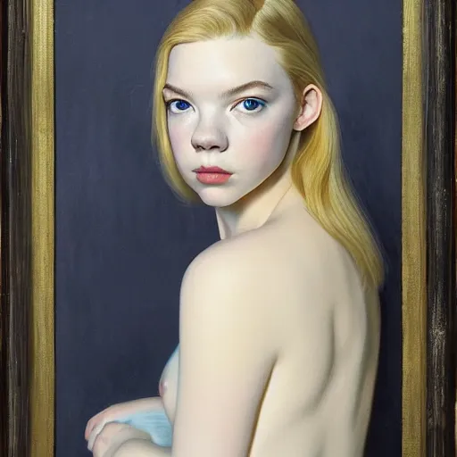 Prompt: Painting of Anya Taylor-Joy underwater, long blonde hair, delicate, pale milky white porcelain skin, by Edward Hopper. 8K. Extremely detailed.