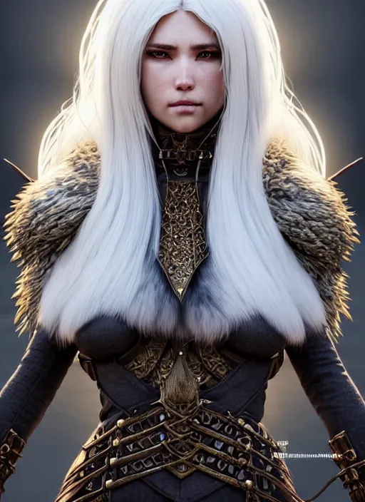 Image similar to fur armor!!! long wild white hair!! covered chest!!! fantasy, d & d, intricate ornate details, symmetry, concept art, sharp focus, illustration, art by artgerm! greg rutkowski magali villeneuve wlop! ilya kuvshinov!!, octane render, unreal engine 5, highly rendered!!