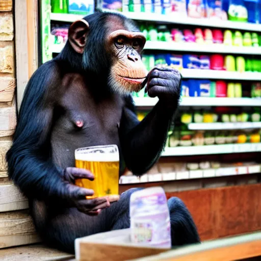 Image similar to a chimpanzee drinking beer in a corner shop