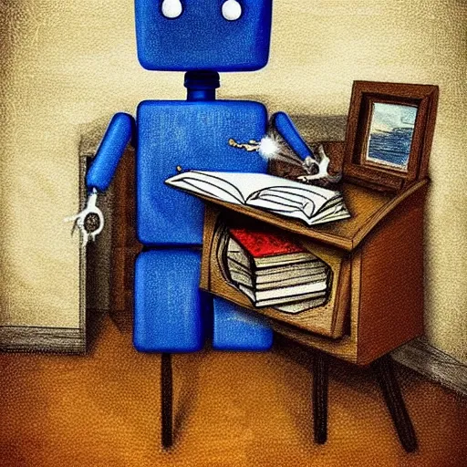 Image similar to “a lonely robot reads a book near a fireplace in a Victorian home.”