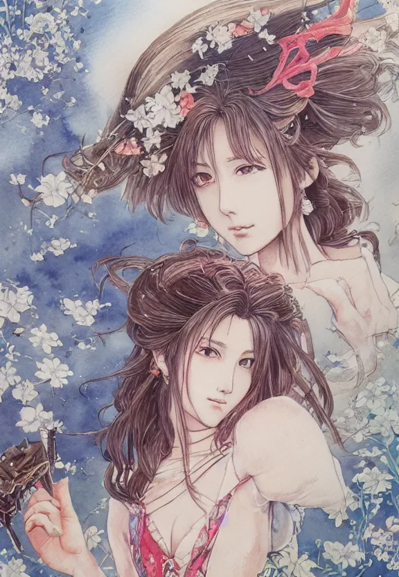 Image similar to a full-body watercolor painting of Aerith Gainsborough by Yoshitaka Amano, ukiyo-e, nouveau, concept art, 80's fantasy art, highly detailed, intricate, trending on artstation, award-winning