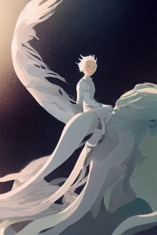 Image similar to vanishing point, white hair eva riding on the white dragon's neck ready to fight, by victo ngai and makoto shinkai, partner, adiant light, minimalist, unreal engine 5, concept art ， highly rendered,, digital painting, artstation, concept art, smooth, sharp foccus, artstation hq