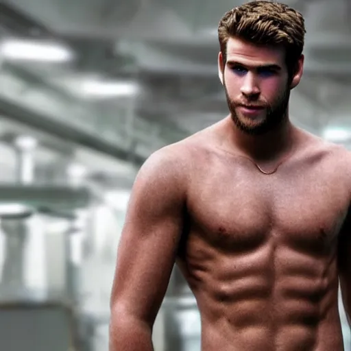 Image similar to a realistic detailed photo of a guy who is an attractive humanoid who is half robot and half humanoid, who is a male android, actor liam hemsworth, shiny skin, posing like a statue, blank stare, in a factory, on display, showing off his muscles