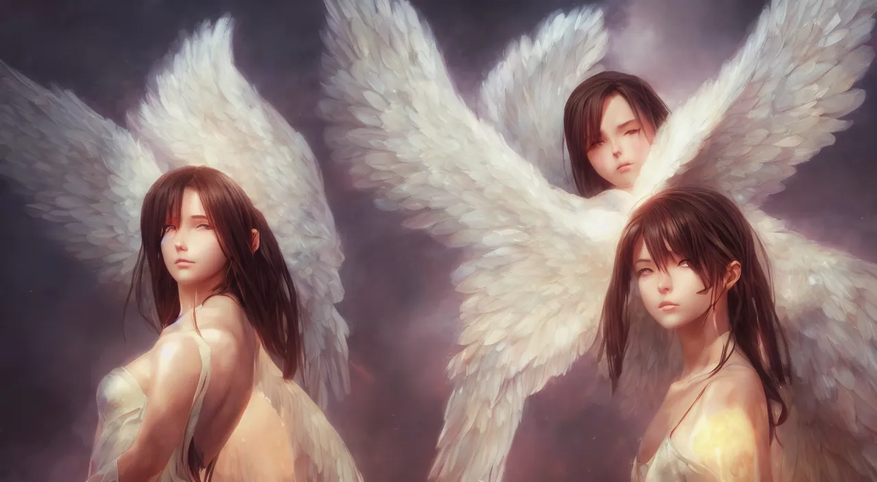 Image similar to an oil painting of a beautiful anime girl with angel wings, by artgerm, wlop and greg rutkowski, hd, hdr, ue 5, ue 6, unreal engine 5, cinematic 4 k wallpaper, 8 k, ultra detailed, high resolution, artstation, award winning