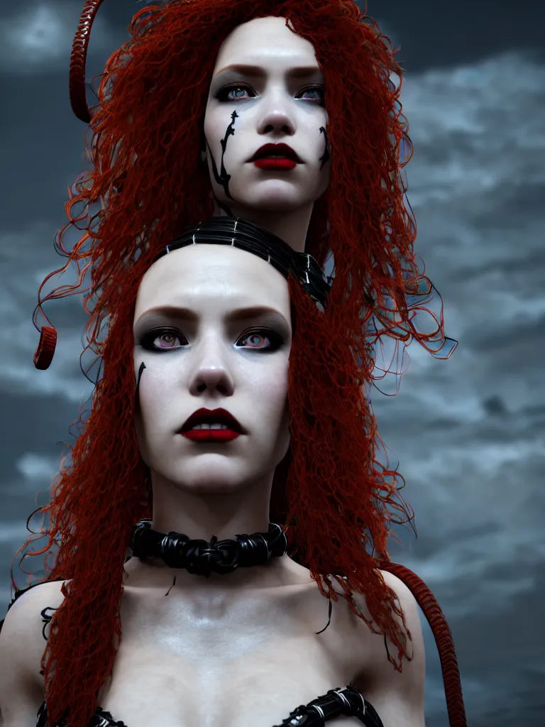 Image similar to a single fierce looking beautiful young woman with curly red hair and symmetrical white makeup, strapped with black rope, wearing an intricate headdress made from bones and leather, painted by makoto shinkai, intricate linework, unreal engine 5 highly rendered, global illumination, radiant light, detailed and intricate environment