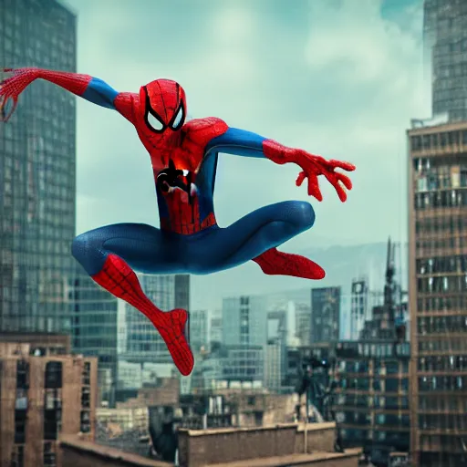 Image similar to a zombie spider - man jumping over buildings, 8 k, shallow depth of field, 8 k, ultra high detail, concept art,