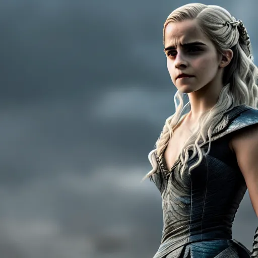 Prompt: Emma Watson as Daenerys Targaryen, XF IQ4, f/1.4, ISO 200, 1/160s, 8K, Sense of Depth, color and contrast corrected, Nvidia AI, AI enhanced, Dolby Vision, in-frame