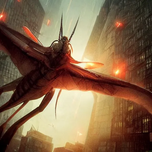 Image similar to a mantis kaiju with spread wings attacking a city, legendary epic shot, blade runner, low camera angle, dust, by artgerm, cloverfield movie, julie bell, beeple and Greg Rutkowski, airbrush, concept art, matte painting, 80s, Smooth gradients, octane render, 8k, High contrast, duo tone, depth of field, volumetric lightning, very coherent artwork