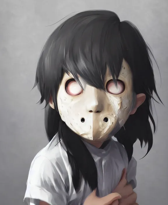 Image similar to cute little boy with black hair anime character inspired by jason voorhees, art by rossdraws, wlop, ilya kuvshinov, artgem lau, sakimichan, jakub rebelka and makoto shinkai, anatomically correct, extremely coherent, highly detailed, sharp focus, slasher movies, smooth, very realistic, symmetrical