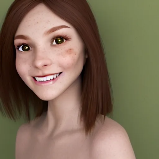 Prompt: Render of April, a cute 3D young woman, long shiny bronze brown hair, full round face, green eyes, medium skin tone, light cute freckles, light blush, smiling softly, wearing casual clothing, interior lighting, cozy living room background, medium shot, mid-shot, hyperdetailed, hyperreal, trending on Artstation, Unreal Engine, 4k