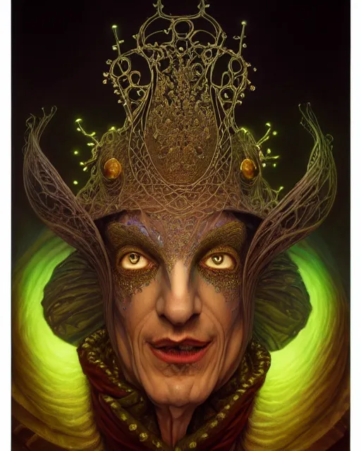 Image similar to front shot of a court jester character, hyperdimensional, bioluminescent ethereal, ((intricate)), elegant, highly detailed, centered, (((artstation, concept art, smooth, sharp focus, artgerm, Tomasz Alen Kopera, Peter Mohrbacher, donato giancola, Joseph Christian Leyendecker, WLOP, Boris Vallejo))), mugshot!!!!!, ugly!!!!!!, octane render, nvidia raytracing demo, grainy, muted