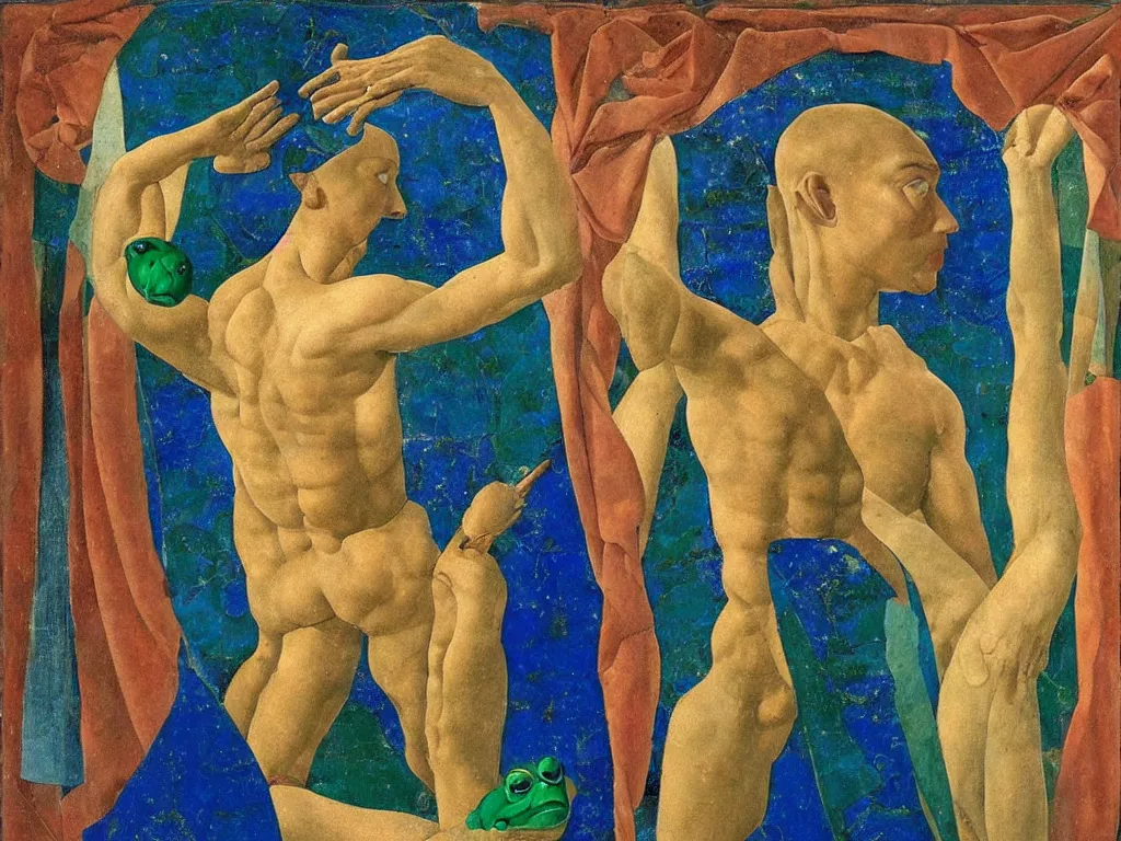 Image similar to portrait of muscular man with frog head. lapis lazuli, malachite, turqouise, gold. painting by piero della francesca, balthus, agnes pelton