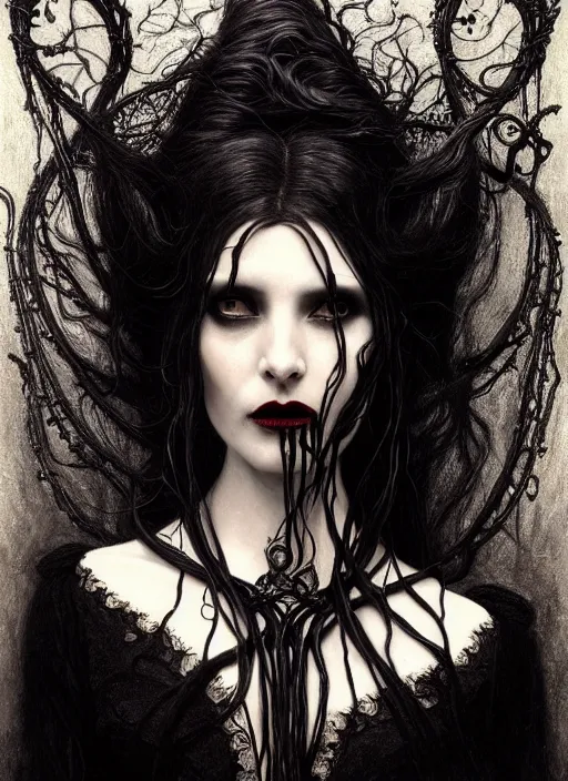 Image similar to highly detailed oil painting | very intricate | cinematic lighting | black, white and blood color scheme, dark background | portrait of a exquisite beautiful vampire old woman with long elegant tangles of black hair, eyes, gothic fog ambience, hyper realistic head, fantasy victorian art, in the style of greg rutkowski, zdizslaw beksinski, intricate, alphonse mucha