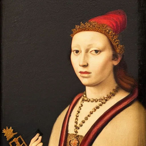 Image similar to a renaissance style portrait painting of a Cat, wearing a crown and cape, dark background