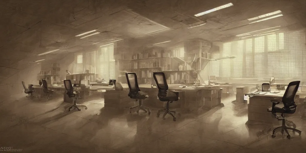 Image similar to endless office by alan lee, intricate, highly detailed, digital painting, artstation, concept art, smooth, sharp focus, illustration, vfx