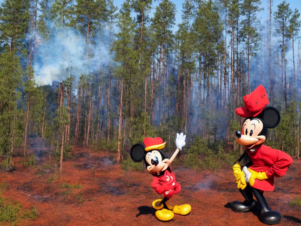 Prompt: disney's goofy trying to put out a forest fire by peeing on it somewhere in southern finland