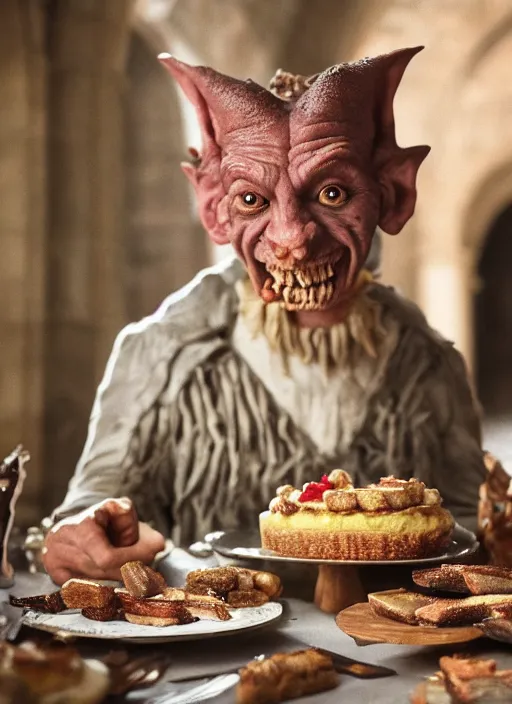 Image similar to closeup portrait of a medieval goblin eating cakes in the cloisters, depth of field, zeiss lens, detailed, symmetrical, centered, fashion photoshoot, by Annie Leibovitz and Steve McCurry, David Lazar, Jimmy Nelsson, Breathtaking, 8k resolution, extremely detailed, beautiful, establishing shot, artistic, hyperrealistic, beautiful face, octane render