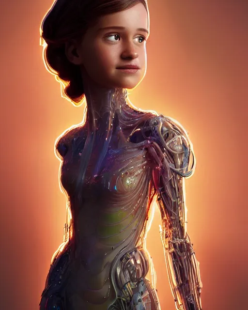 Prompt: weta disney pixar movie still full body portrait photo of young millie alicia vikander singing with glowing translucent skin and as a sad intricate detailed mechanical translucent plastic cyborg girl glowing from within by pixar, by weta, wlop, ilya kuvshinov, rossdraws, artgerm, latex, iridescent, bright morning, anime, liosh, mucha