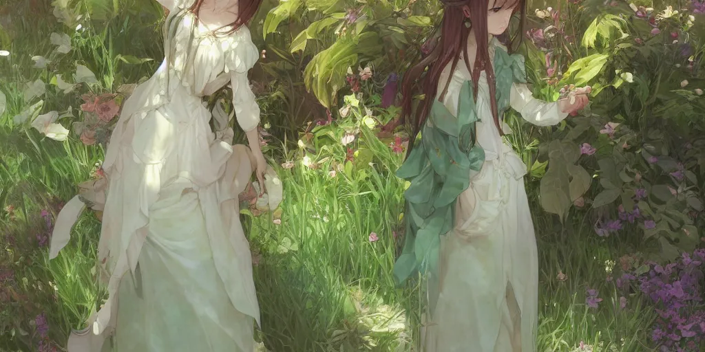 Image similar to a digital art of a loli with long hair in a dress in the privet garden at after noon, green and warm theme, by krenz cushart and mucha and akihito yoshida and greg rutkowski, detailed eyes, 4 k resolution 、 trending on art station