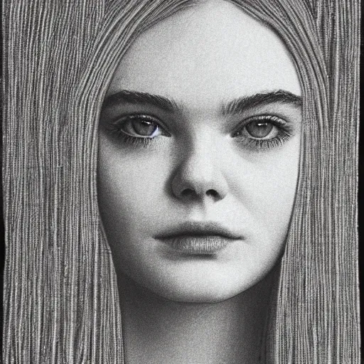 Prompt: Elle Fanning in the style of Anni Albers, head and shoulders portrait, stormy weather, extremely detailed masterpiece,