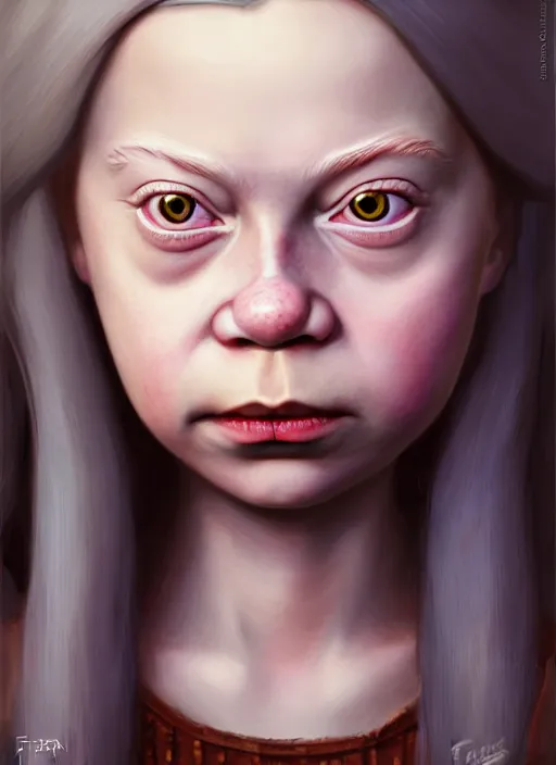 Image similar to portrait of greta thunberg as a cute medieval goblin girl with lipstick and long eyelashes, beautiful face, hyper realistic, highly detailed, digital painting, artstation, illustration, concept art by hyung tae and frank frazetta, digital paint, matte paint, washed colors, dark, gloomy