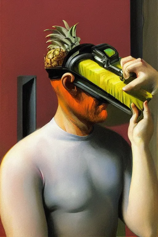 Prompt: Plumber wearing oculus and pineapple over his head, Edward Hopper and James Gilleard, Zdzislaw Beksisnski, highly detailed