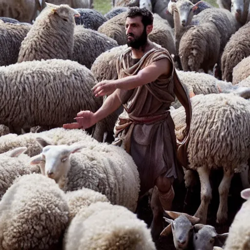 Prompt: cinematic Still of 30 year old Mediterranean skinned man in ancient Canaanite shepherd clothing, shepherding a flock of sheep, in a Biblical epic