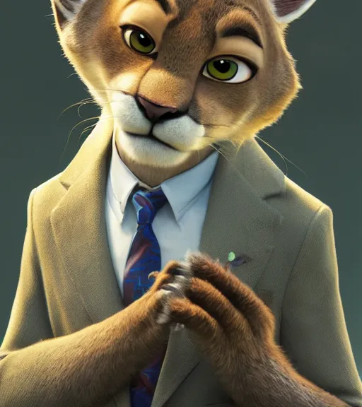 Prompt: a film still from the movie zootopia main character portrait anthro anthropomorphic mountain lion head animal person fursona wearing suit and tie pixar disney dreamworks animation sharp rendered in unreal engine 5 octane key art by greg rutkowski bloom dramatic lighting modeling expert masterpiece render