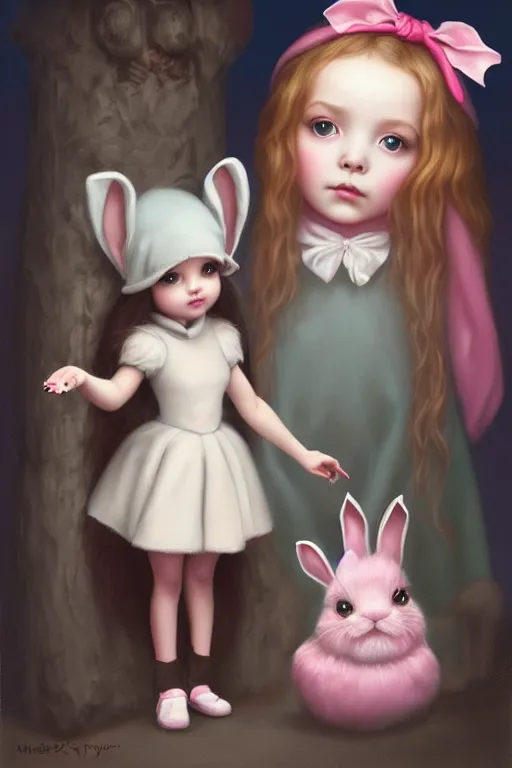 Image similar to matte sharp painting cute little girl with furry bunny, painted by mark ryden, artgerm, artstation behance storybook l