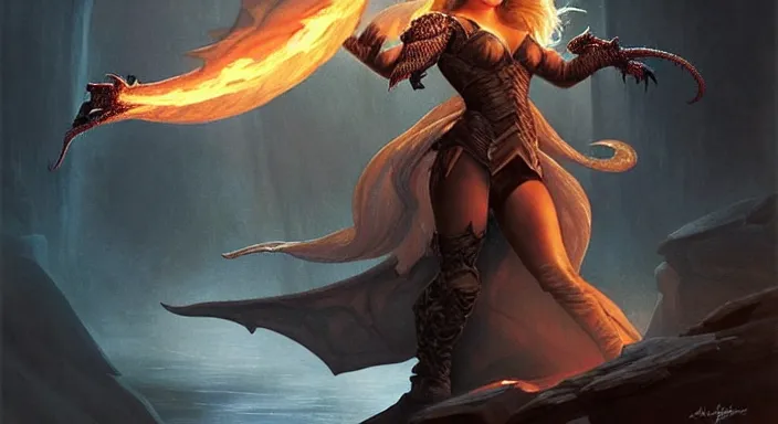 Image similar to Hayden Panettiere from Heroes (2006) fighting a black dragon in a dark cave lit by fire explosions, wide-angle lens, D&D, fantasy, intricate, elegant, highly detailed, digital painting, artstation, concept art, matte, sharp focus, illustration, hearthstone, art by Artgerm and Greg Rutkowski and Alphonse Mucha