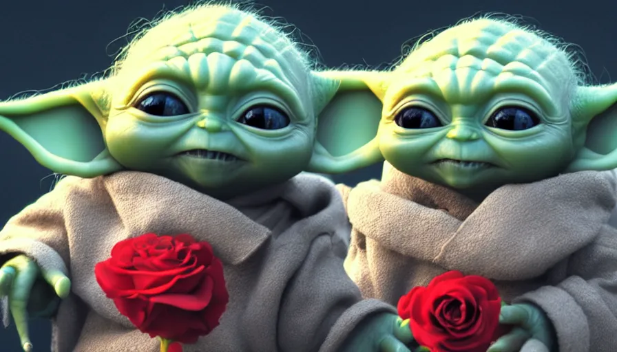 Image similar to baby yoda smiling and holding a rose, hyperdetailed, artstation, cgsociety, 8 k