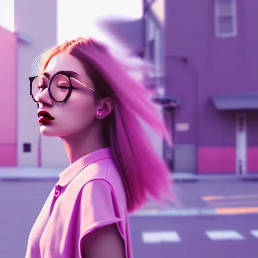 Image similar to selfie of a young woman, winged eyeliner, pastel clothing, urban environment, depth of field, octane render, digital painting, trending on artstation